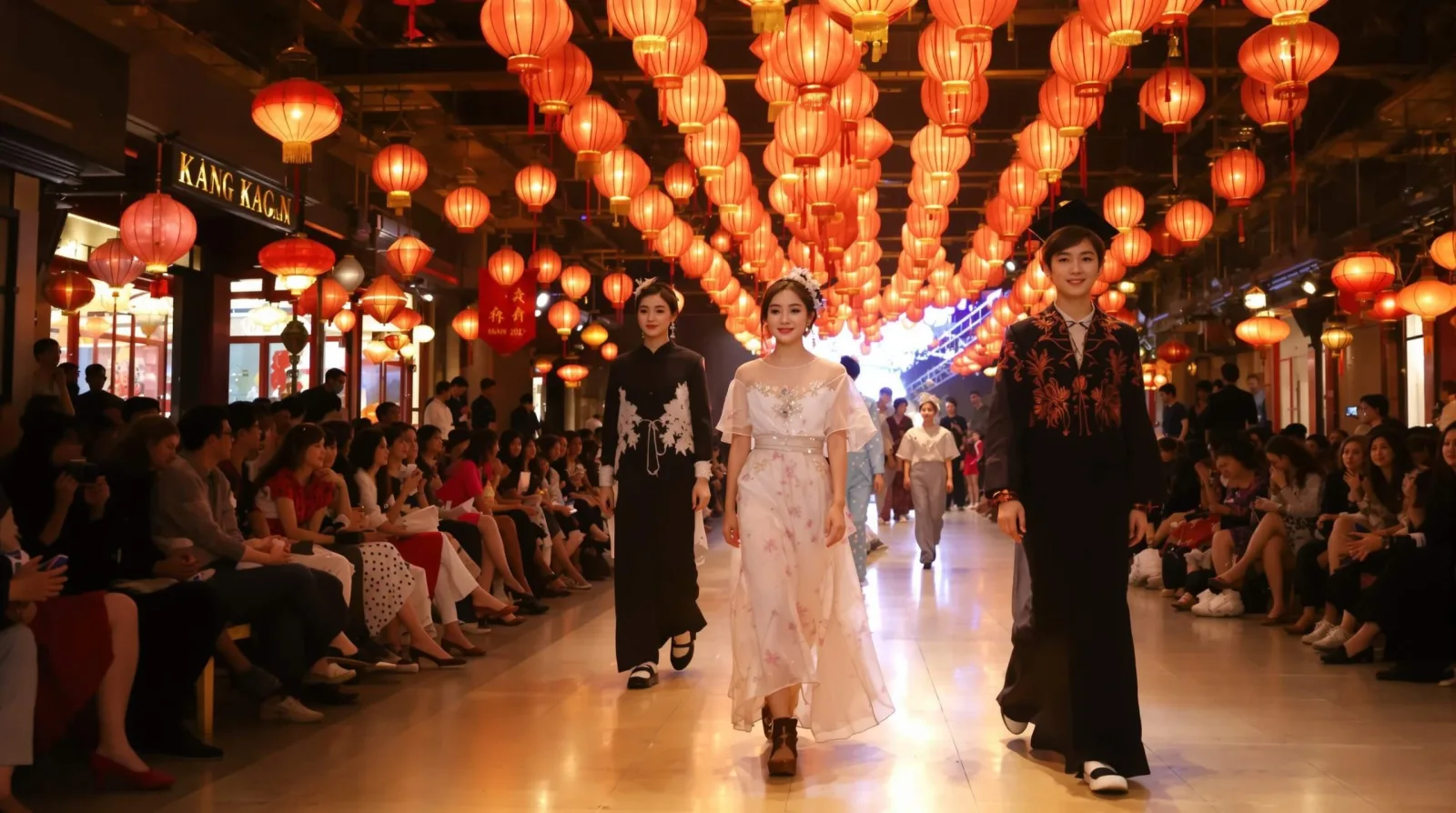 Asian children catwalking at Moon Fashion Show 2025 on lantern-lit runway in Hanoi Old Quarter, wearing elegant traditional-inspired outfits.
