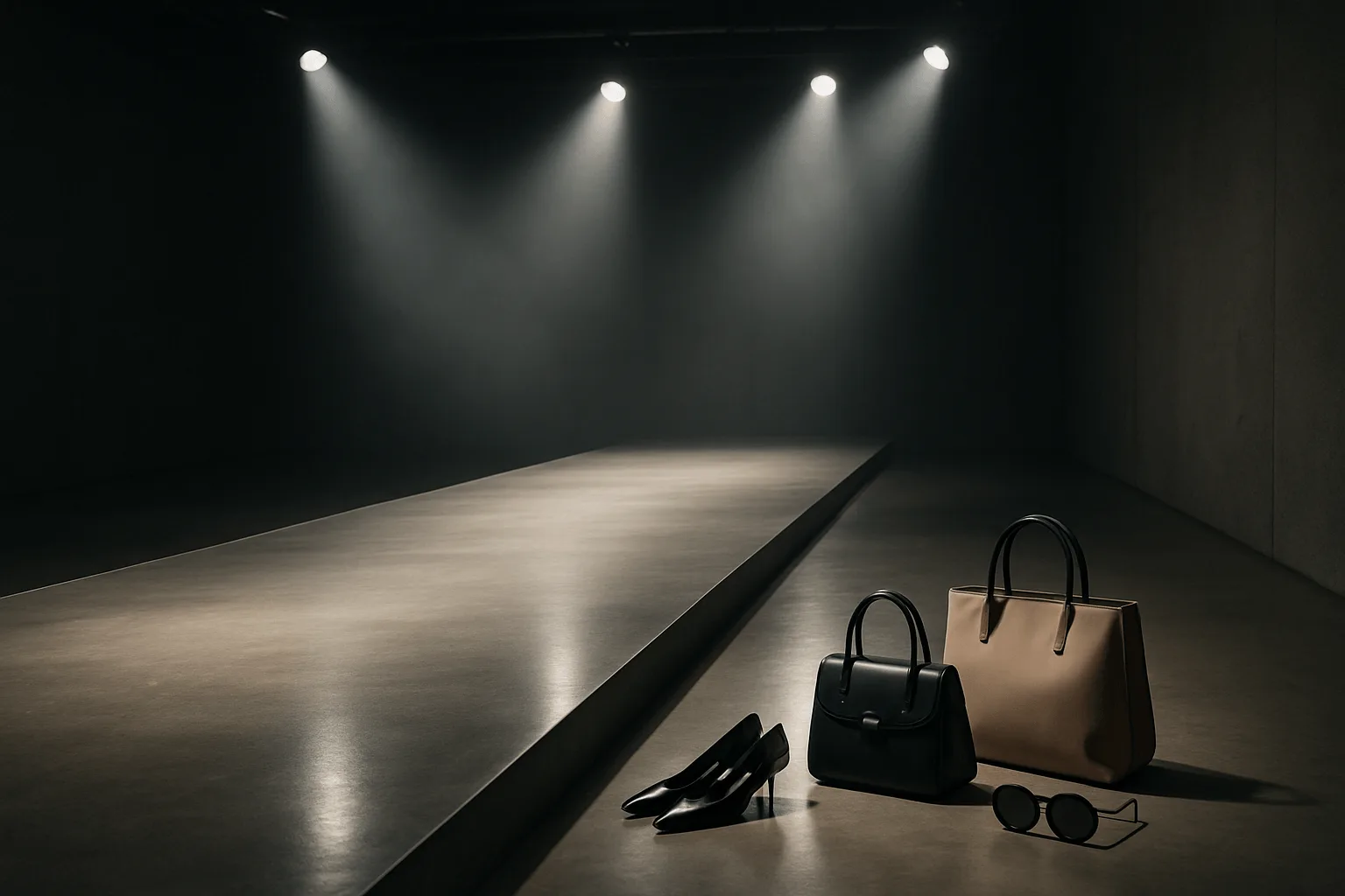 Sân khấu lộ trình đào tạo catwalk VIP với ánh sáng mềm mại, sàn bóng loáng và phụ kiện thời trang tối giản.