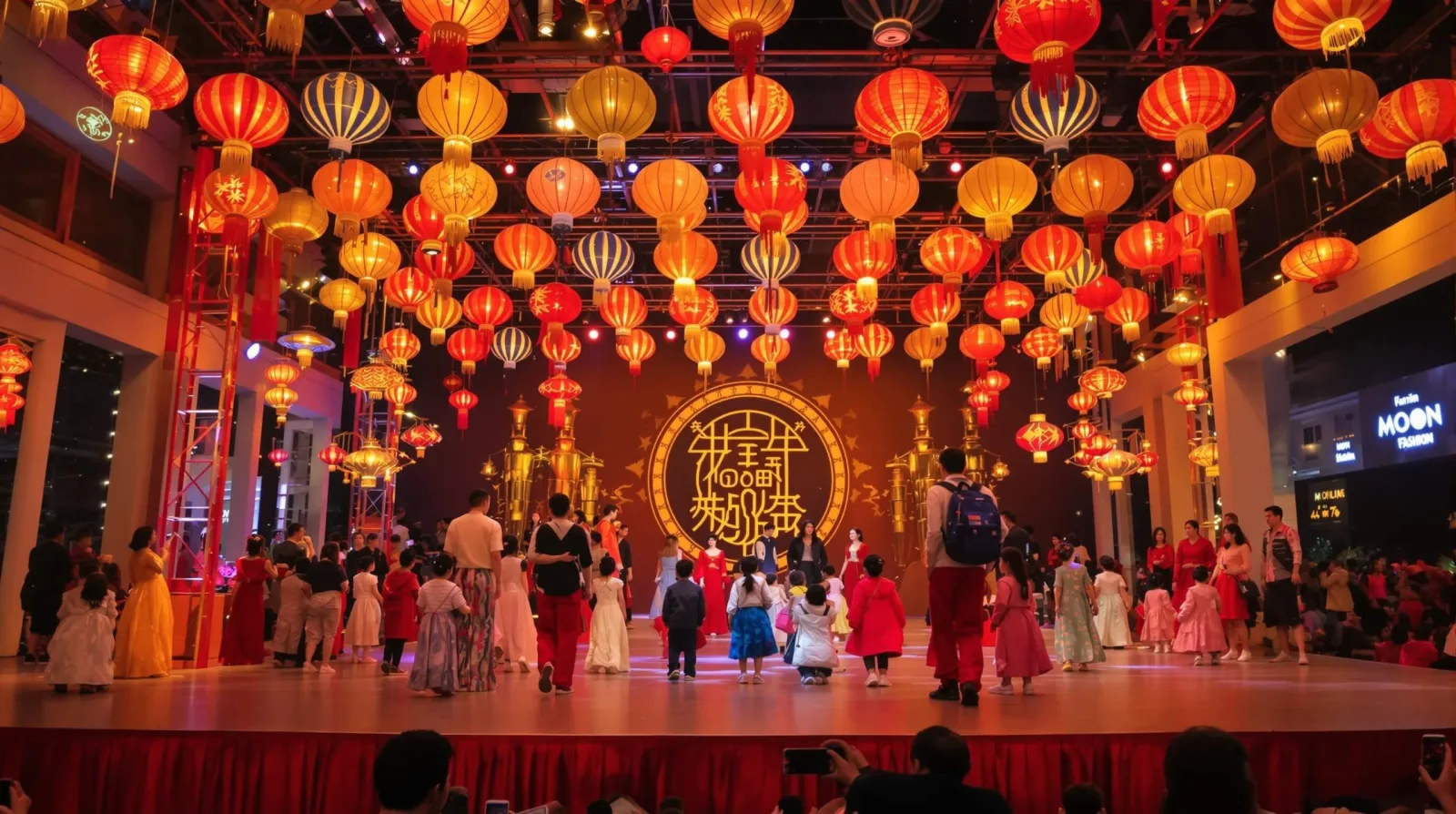 Wide shot of Moon Fashion Show 2025 stage at Hanoi Old Quarter with lanterns, runway lights and children preparing to perform.