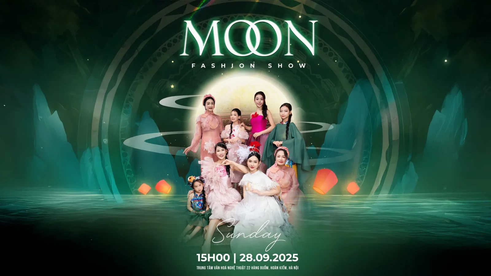 Portrait of Vietnamese designers and artists attending Moon Fashion Show 2025 in Hanoi, standing together in stylish elegant outfits backstage.