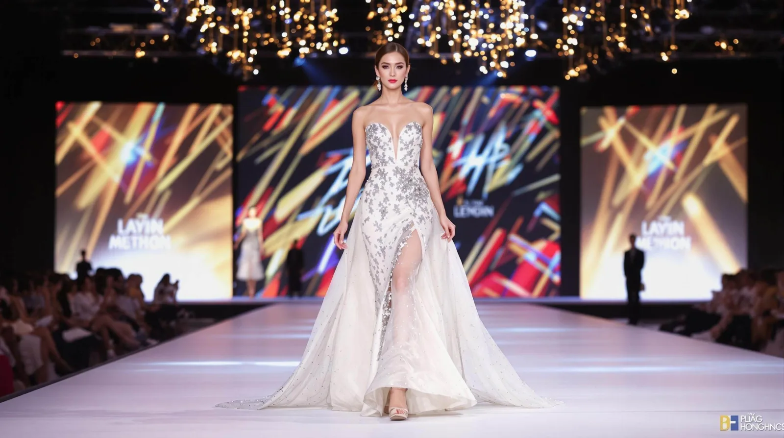 Full body shot of a Vietnamese female model with thần thái sàn diễn cuốn hút, walking confidently on a fashion runway under bright lights.